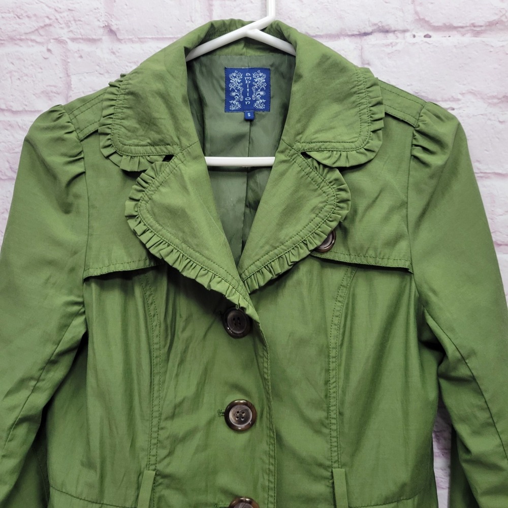 Ambition Green Trench Coat S Ruffle Collar Button Front‎ Cottagecore Preppy Chic - Picture 3 of 10